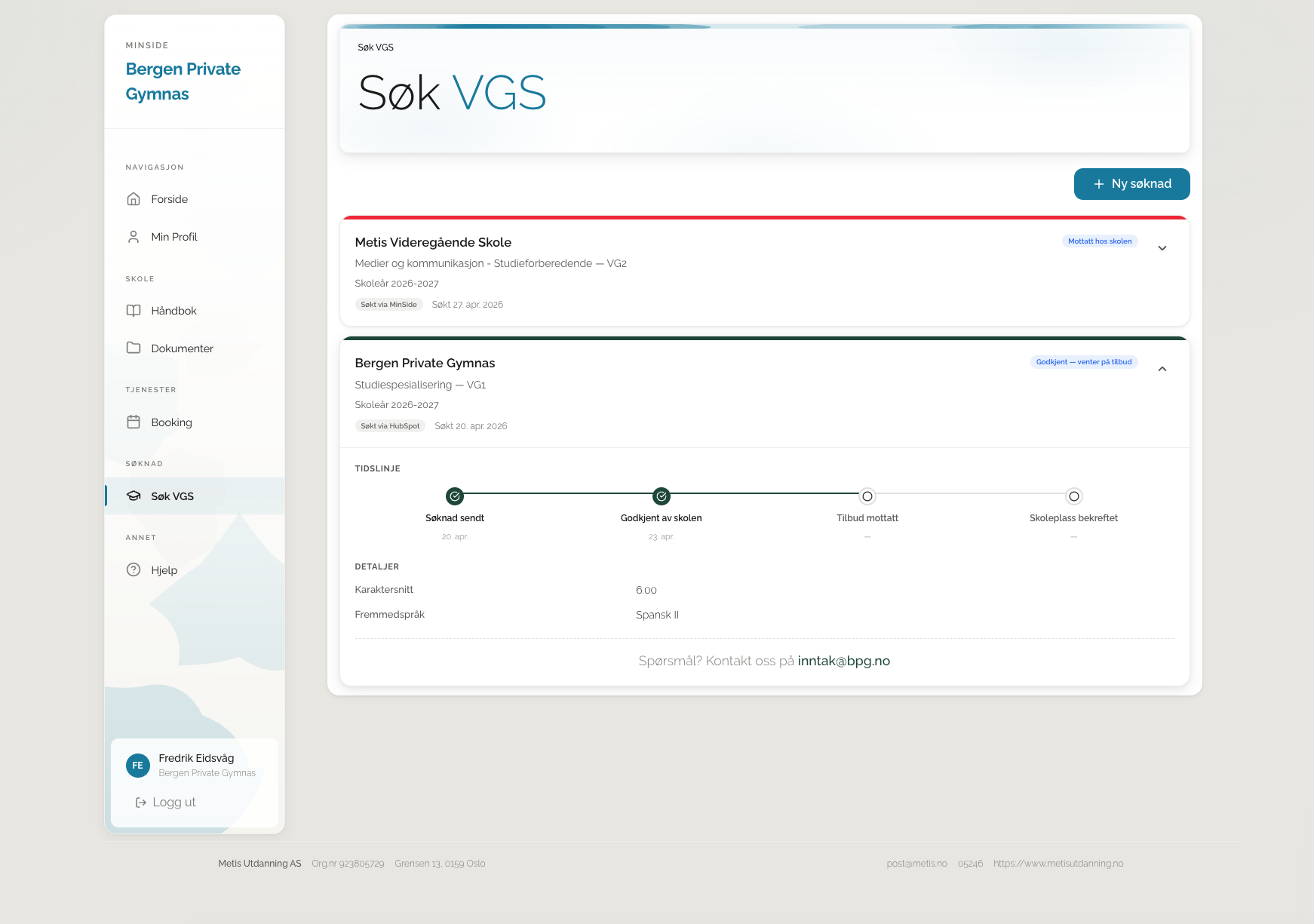 Skjermbilde: Søk VGS-oversikt med to søknader — én Søkt via HubSpot og én Søkt via MinSide, hver med egen status og tidslinje